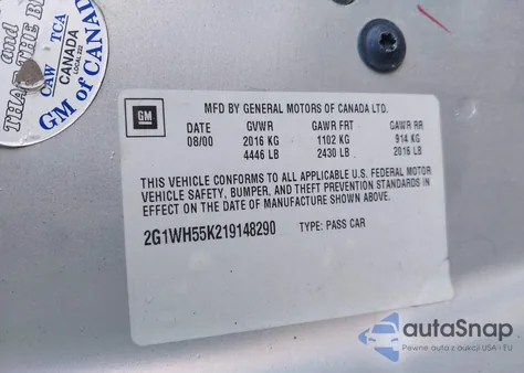 2001 Chevrolet Impala Ls from USA, damaged, VIN 2G1WH55K219148290